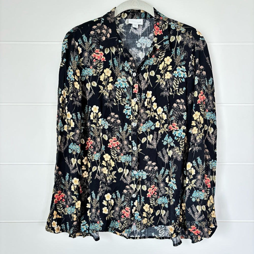J. Jill Top Button Down Floral Long Sleeve Rayon Tunic Blouse Size XS Petite